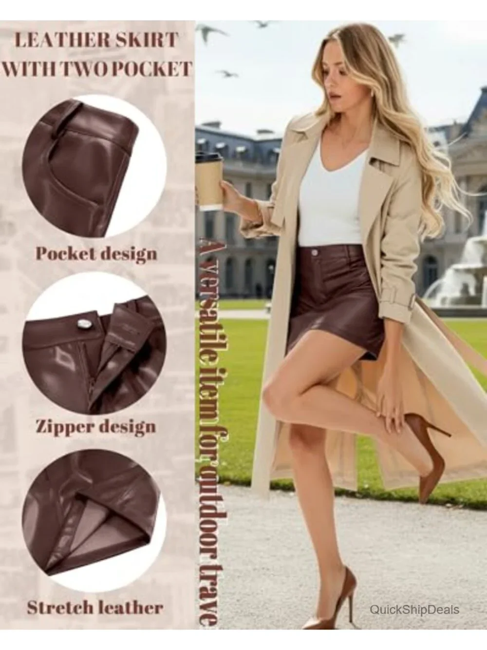 Women's Faux Leather Mini Skirt High Waist A-Line Bodycon Pockets